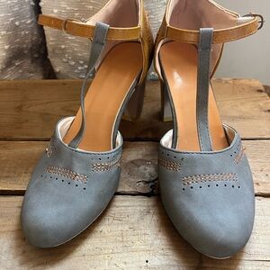 Gray and Tan Women's Retro Style T-Strap Heels